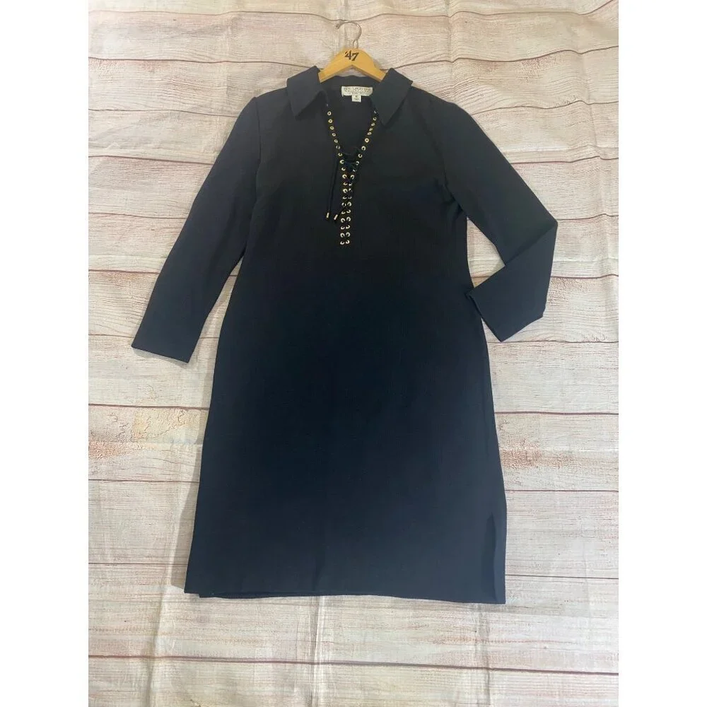 Vintage St John Women's Black Long Sleeve Thick Lace Up Dress - 10 - Picture 5 of 14